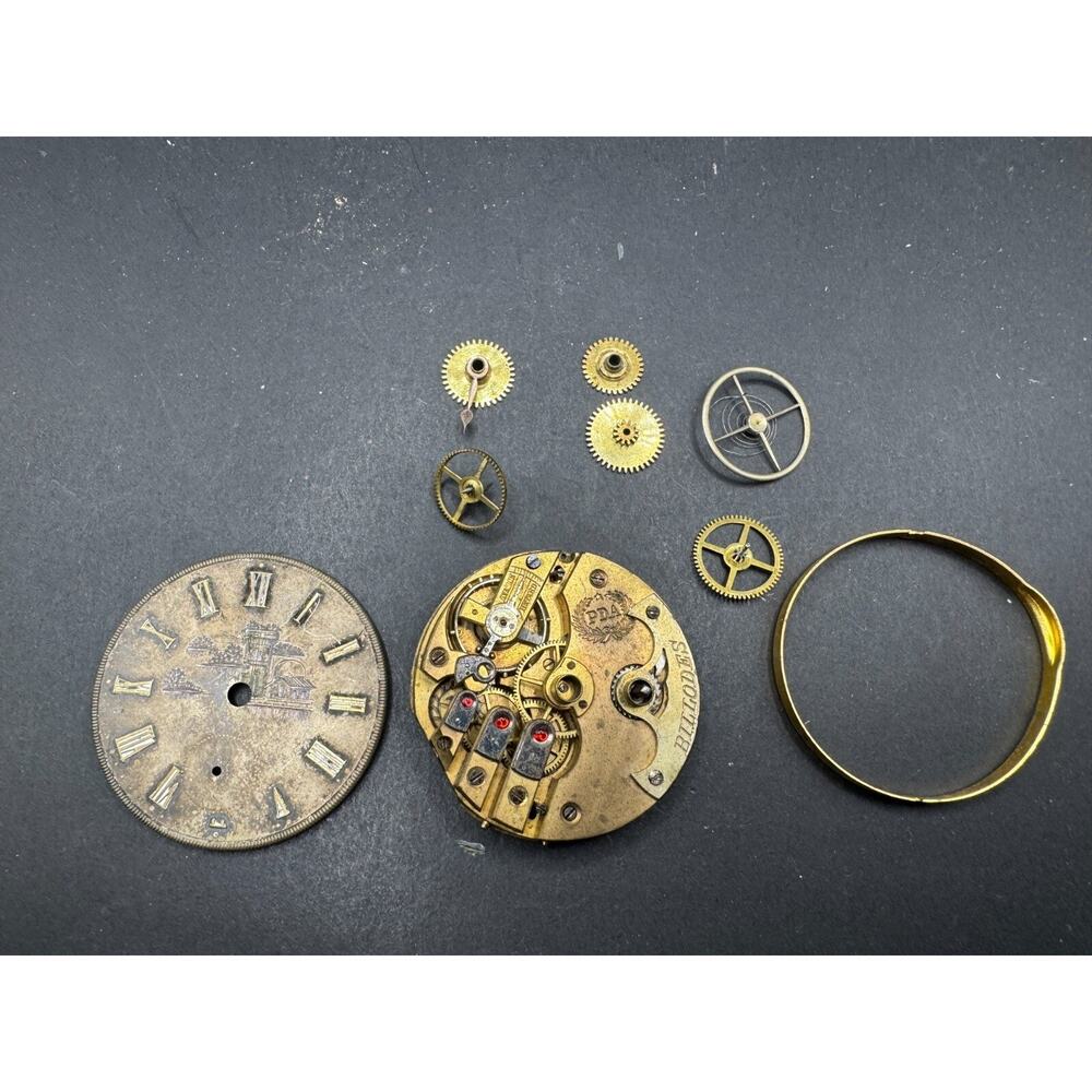 Vintage Billodes Pocket Watch Movements & Dial Gold Tone For Parts Or Repair